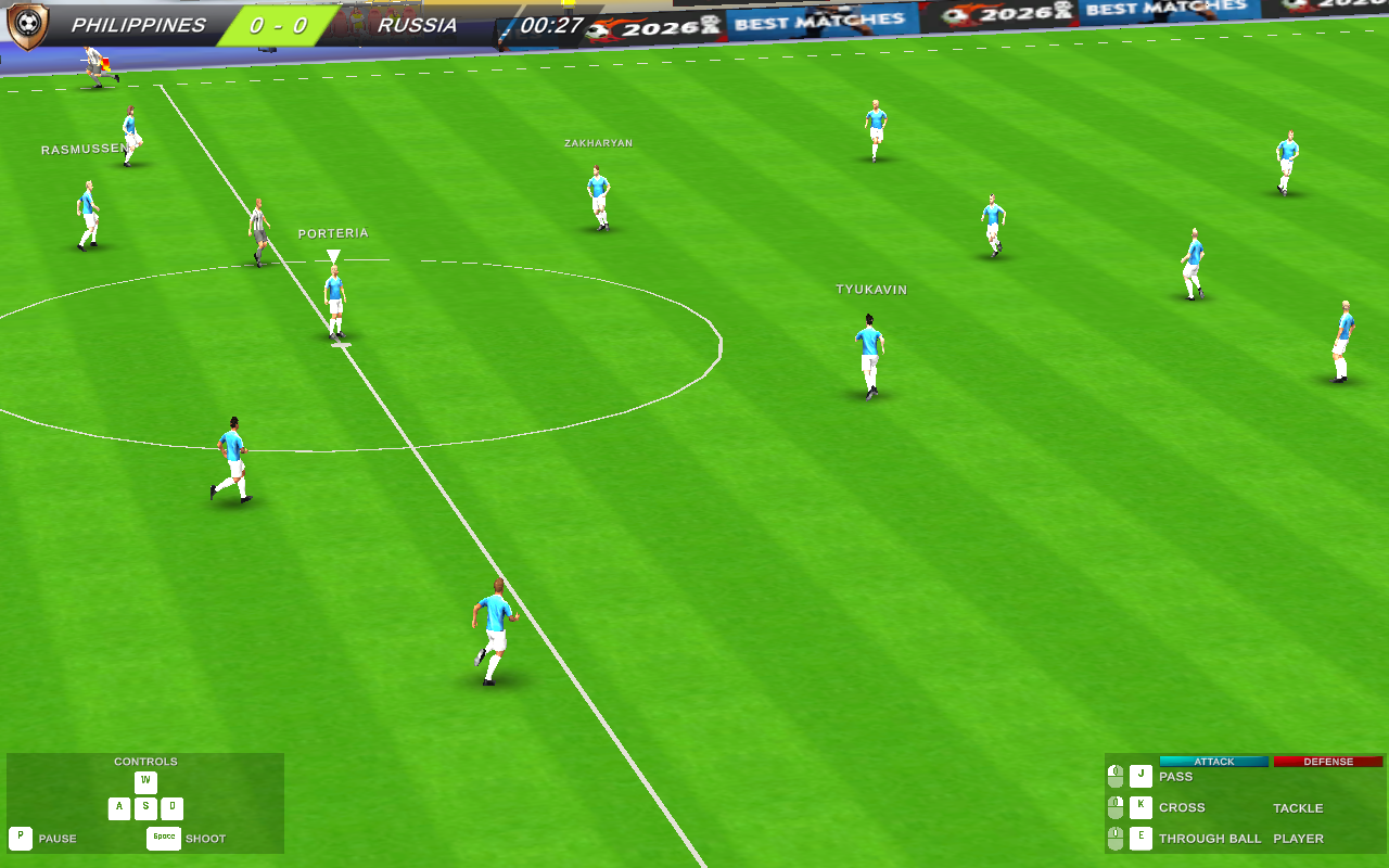 Football 2026 live match with scoreboard, player names, and control hints