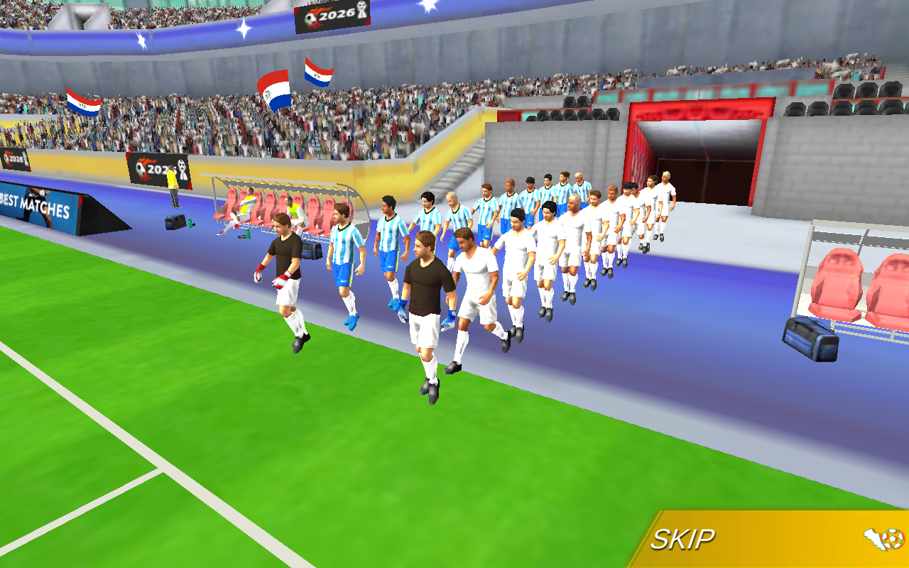 Football 2026 teams walking out of the tunnel into a 3D stadium
