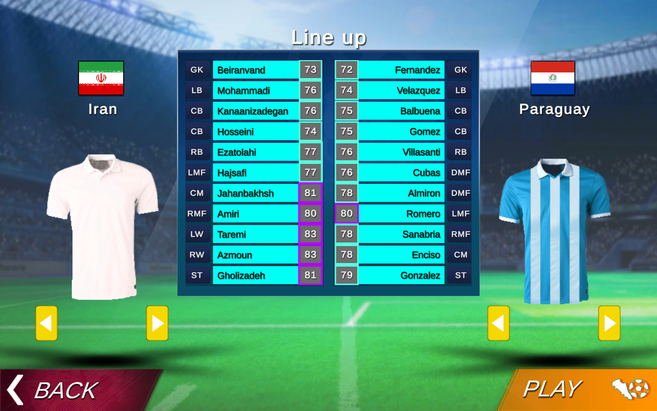 Football 2026 lineup screen with player names, positions, and ratings